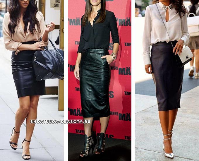 кожаная юбка карандаш с блузкой